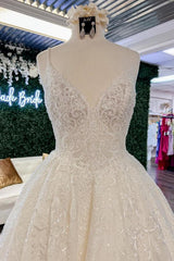 Chic Long A-line V-neck Floral Lace Open Back Wedding Dresses