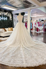 Chic Long A-line V-neck Floral Lace Open Back Wedding Dresses