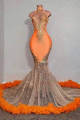 Chic Orange Long Mermaid Halter Sleeveless Tulle Prom Dress