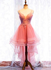 Chic V-neckline Lace Applique Tulle High Low Straps Homecoming Dress Outfits For Girls, Tulle Short Prom Dress