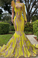Chic Yellow Long Mermaid High Neck Tulle Lace Prom Dress with Sleeves