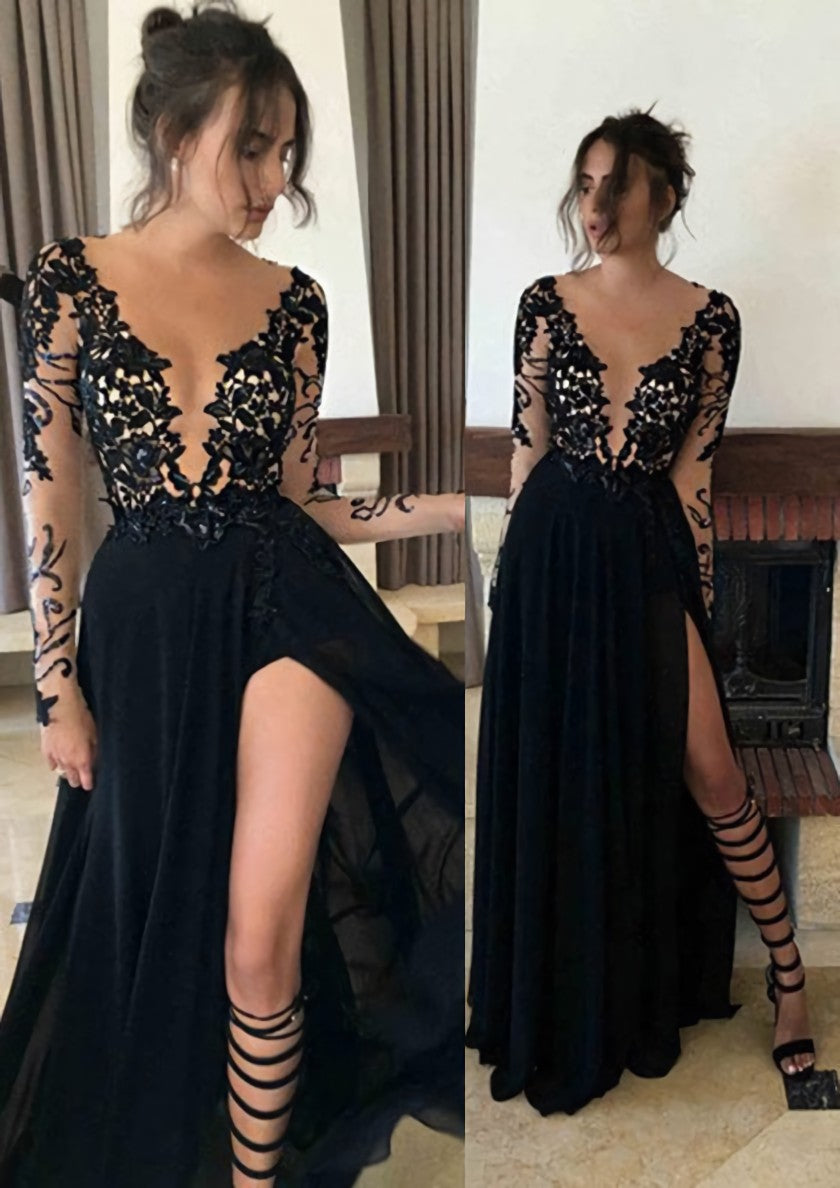 Chiffon Long Floor Length A Line Princess Full Long Sleeve Bateau Zipper Up At Side Prom Dress Outfits For Women With Appliqued