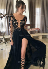 Chiffon Long Floor Length A Line Princess Full Long Sleeve Bateau Zipper Up At Side Prom Dress Outfits For Women With Appliqued