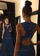 Chiffon Prom Dress Outfits For Women A Line Princess Scoop Neck Sweep Train With Appliqued Beaded