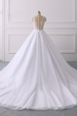Classic Cap sleeves V neck White Ball Gown Lace Wedding Dress