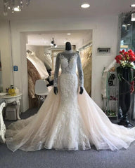 Classic Collar Long Sleeves Floral Pattern Mermaid Wedding Dress Detachable Sweep Train
