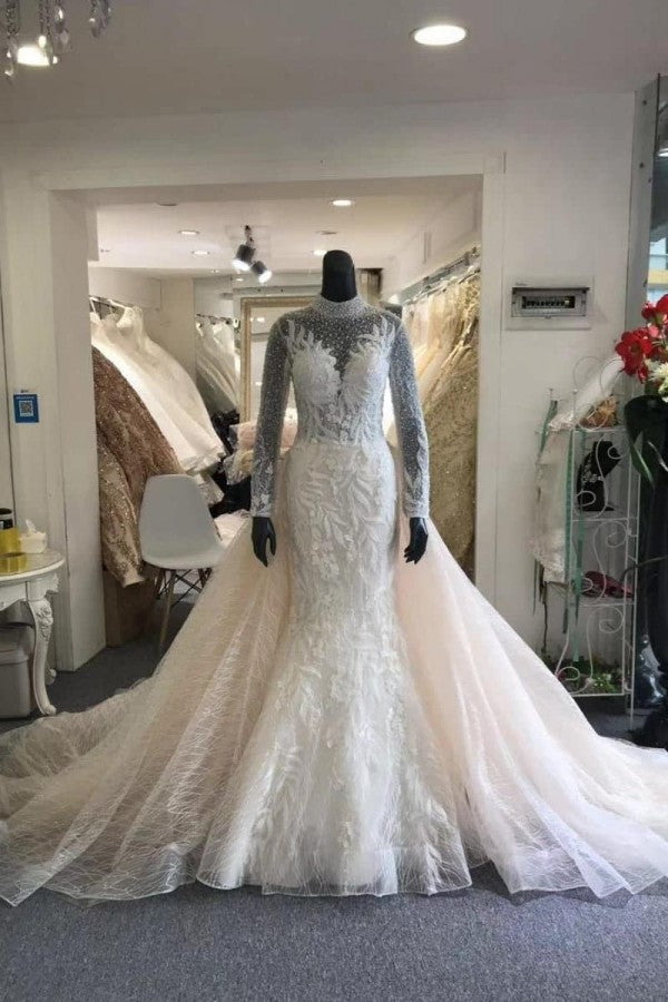 Classic Collar Long Sleeves Floral Pattern Mermaid Wedding Dress Detachable Sweep Train