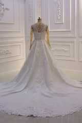 Classic Jewel Long Sleevess Tulle Lace Sparkle Ivory Wedding Dress