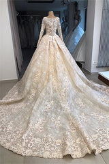 Classic Scoop Long Sleevess Appliques Ball Gown Wedding Dresses