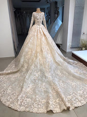 Classic Scoop Long Sleevess Appliques Ball Gown Wedding Dresses