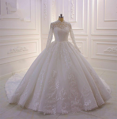 Classy Long A-line High Neck Appliques Lace Pearl Sequins Ruffles Wedding Dress with Sleeves