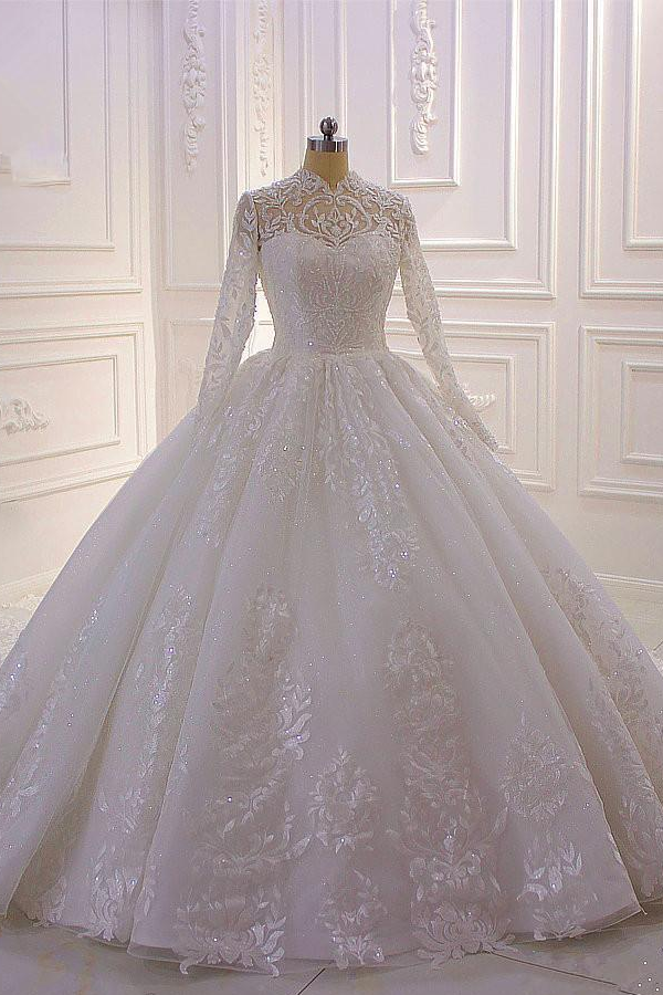 Classy Long A-line High Neck Appliques Lace Pearl Sequins Ruffles Wedding Dress Outfits For Women with Sleeves