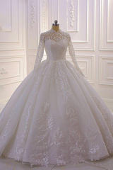Classy Long A-line High Neck Appliques Lace Pearl Sequins Ruffles Wedding Dress with Sleeves