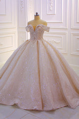 Classy Long Off the Shoulder Sequin Beading Satin Ball Gown Wedding Dress