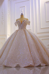 Classy Long Off the Shoulder Sequin Beading Satin Ball Gown Wedding Dress