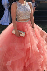 Two Piece Long Tulle Prom Dress with Sequins, Sparkly Long Party Gown