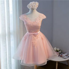 Custom Pink Lovely Cap Sleeves Knee Length Formal Dress Outfits For Girls, Pink Tulle Prom Dress