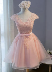 Custom Pink Lovely Cap Sleeves Knee Length Formal Dress Outfits For Girls, Pink Tulle Prom Dress