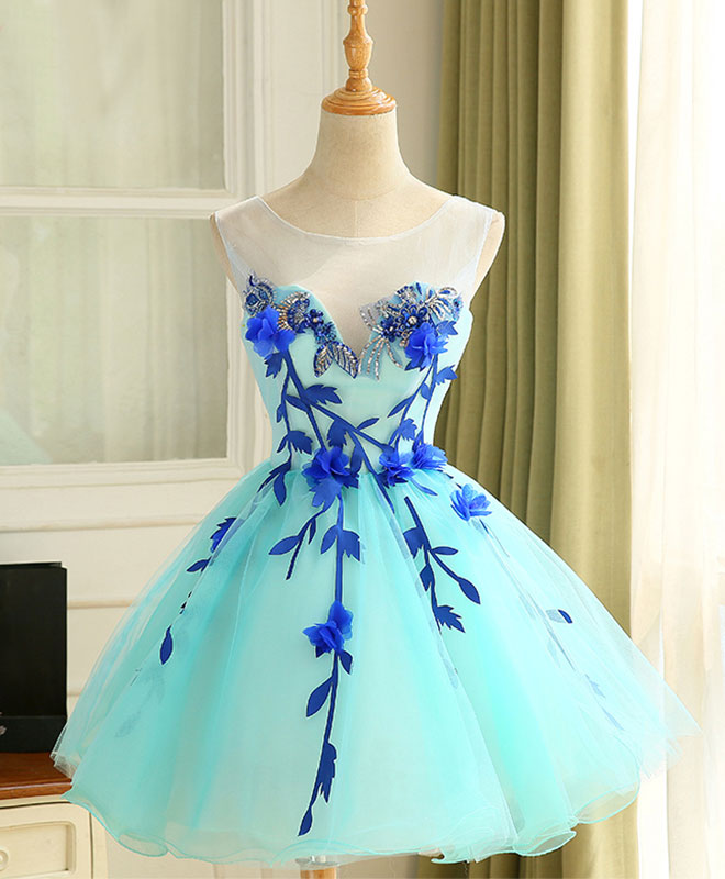Cute A Line Blue Tulle Mini/Short Prom Dress Outfits For Girls, Blue Homecoming Dress