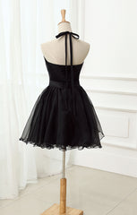Cute Black Tulle Halter Short Homecoming Dress Outfits For Girls, Black Prom Dress