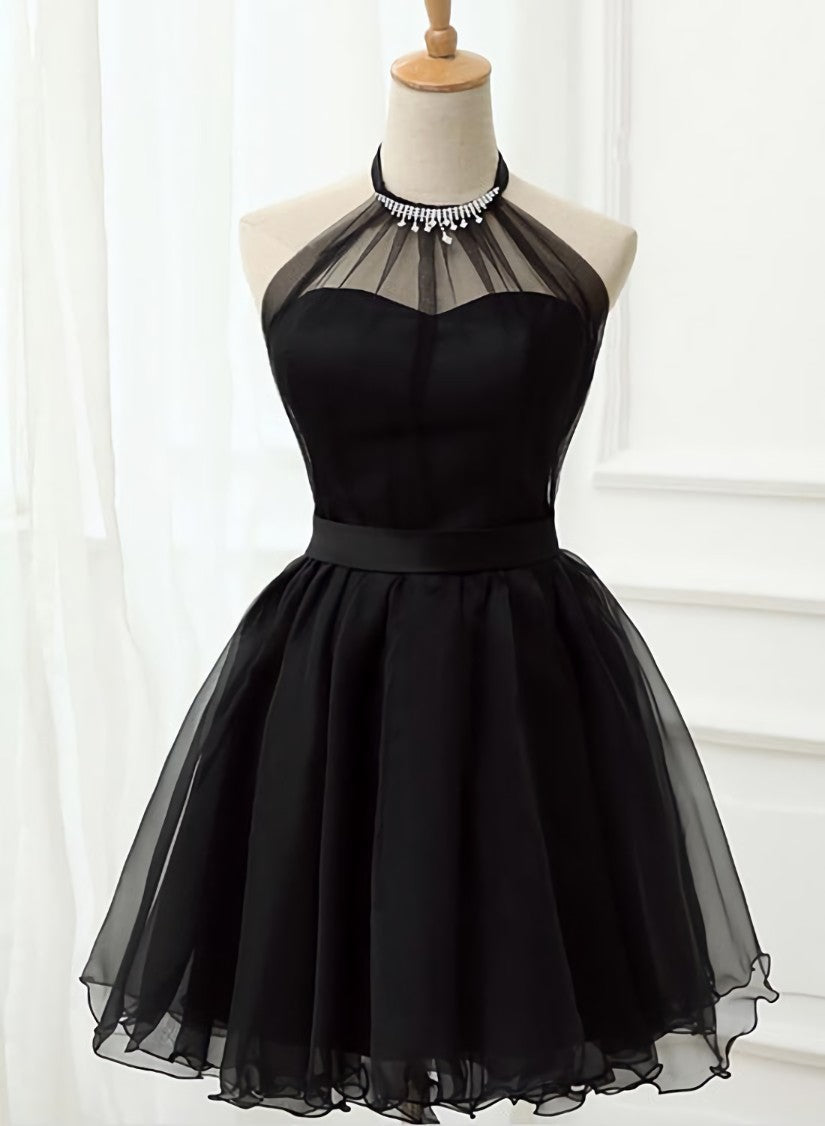 Cute Black Tulle Halter Short Homecoming Dress Outfits For Girls, Black Prom Dress