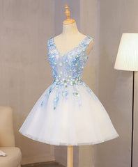 Cute Blue Lace Applique Short Prom Dress Outfits For Girls, Homecoming Dress