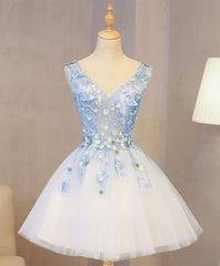 Cute Blue Lace Applique Short Prom Dress Outfits For Girls, Homecoming Dress