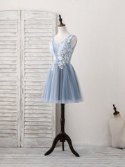 Cute Blue V Neck Tulle Lace Applique Short Prom Dress Outfits For Girls, Blue Homecoming Dress