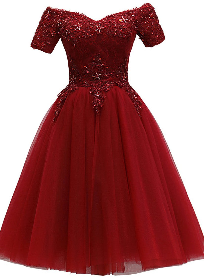 Cute Burgundy Off Shoulder Tulle Party Dress Outfits For Girls, Wine Red Homecoming Dress