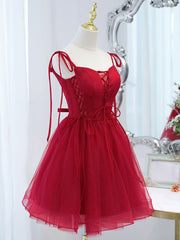 Cute Burgundy Tulle Lace Short Prom Dress Outfits For Girls, Lace Burgundy Puffy Homecoming Dress