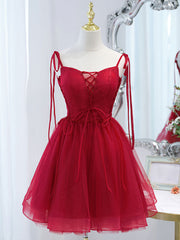 Cute Burgundy Tulle Lace Short Prom Dress Outfits For Girls, Lace Burgundy Puffy Homecoming Dress