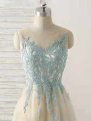 Cute Champagne Lace Long Prom Dress Outfits For Girls, A Line Tulle Bridesmaid Dress