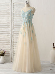 Cute Champagne Lace Long Prom Dress Outfits For Girls, A Line Tulle Bridesmaid Dress
