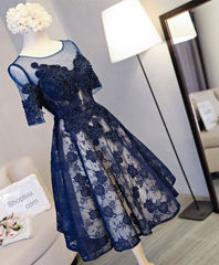 Cute Dark Blue Lace Short Prom Dress Outfits For Girls, Blue Homecoming Dress