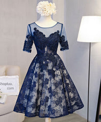 Cute Dark Blue Lace Short Prom Dress Outfits For Girls, Blue Homecoming Dress