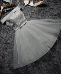 Cute Gray Lace Tulle Short Prom Dress Outfits For Girls, Gray Homecoming Dress