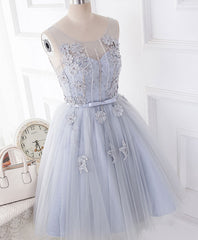 Cute Gray Round Neck Lace Tulle Short Prom Dress Outfits For Girls, Homecoming Dress