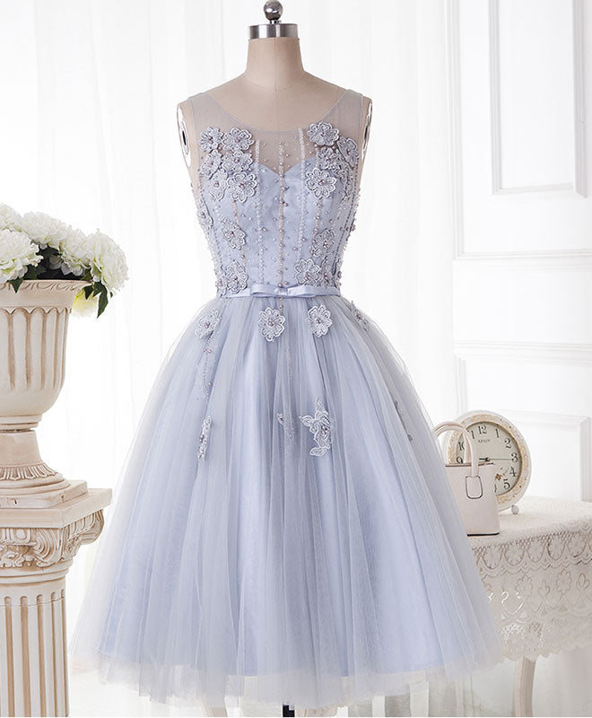 Cute Gray Round Neck Lace Tulle Short Prom Dress Outfits For Girls, Homecoming Dress