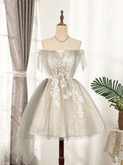 Cute Gray Tulle Lace Short Prom Dress Outfits For Girls, Gray Tulle Puffy Homecoming Dress