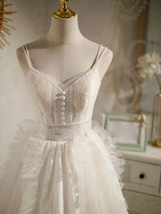 Cute Light Champagne Lace Tulle Short Prom Dress Outfits For Girls, Puffy Homecoming Dress