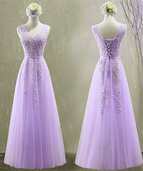 Cute Light Purple Tulle with Lace V-neckline Prom Dress Outfits For Girls, Long Evening Gown Formal Dress