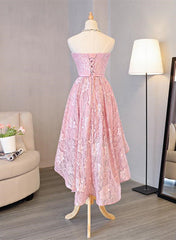 Cute Pink High Low Lace Scoop Homecoming Dress Outfits For Girls, Pink Short Prom Dress