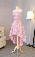 Cute Pink High Low Lace Scoop Homecoming Dress Outfits For Girls, Pink Short Prom Dress