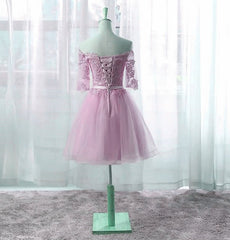 Cute Pink Knee Length Short Sleeves Party Dress Outfits For Girls, Tulle Prom Dress
