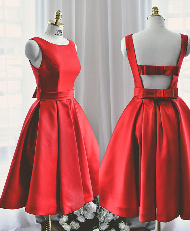 Cute Red A Line Satin Short Prom Dress Outfits For Girls, Backless Red Homecoming Dresses
