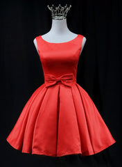 Cute Red Satin Short Party Dress Outfits For Women Prom Dress Outfits For Girls, Red Round Neckline Homecoming Dress
