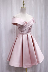 Cute Satin Pink Sweetheart Off Shoulder Knee Length Party Dress Outfits For Girls, Short Prom Dress