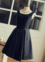 Cute Short Black Satin Knee Length Homecoming Dress Outfits For Girls, Black Party Dress