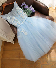 Cute Sky Blue Lace Tulle Short Prom Dress Outfits For Girls, Homecoming Dress