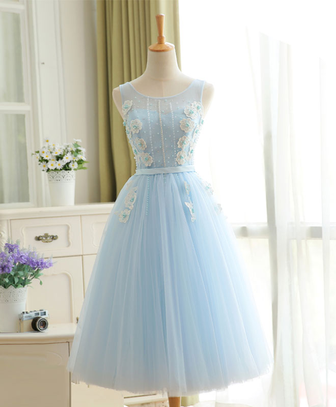 Cute Sky Blue Lace Tulle Short Prom Dress Outfits For Girls, Homecoming Dress